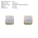 Solid 10K Gold 6.7mm Square Shaped Round Diamond Stud Earring