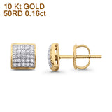 Solid 10K Gold 6.7mm Square Shaped Round Diamond Stud Earring