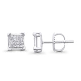 Solid 10K Gold 6mm Square Shaped Cluster Round Pave Diamond Stud Earrings