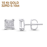 Solid 10K Gold 6mm Square Shaped Cluster Round Pave Diamond Stud Earrings