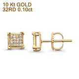 Solid 10K Gold 6mm Square Shaped Cluster Round Pave Diamond Stud Earrings