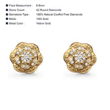 Solid 10K Gold 8.8mm Flower Shaped Round Pave Diamond Stud Earring