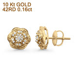 Solid 10K Gold 8.8mm Flower Shaped Round Pave Diamond Stud Earring
