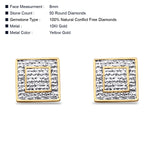 Solid 10K Gold 8mm Iced Square Shaped Pave Round Diamond Stud Earrings