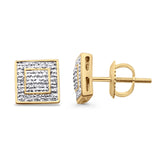 Solid 10K Gold 8mm Iced Square Shaped Pave Round Diamond Stud Earrings