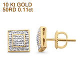 Solid 10K Gold 8mm Iced Square Shaped Pave Round Diamond Stud Earrings