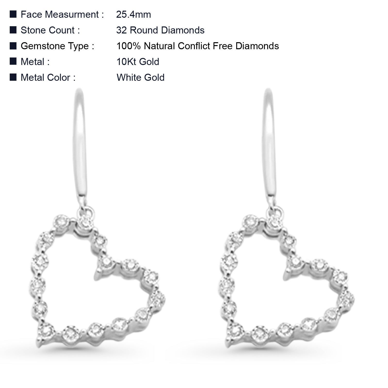 Solid 10K Gold 25.4mm Heart Shaped Round Diamond Huggie Hoop Drop Earrings