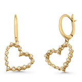 Solid 10K Gold 25.4mm Heart Shaped Round Diamond Huggie Hoop Drop Earrings