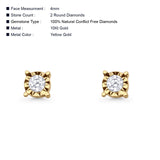 Solid 10K Gold 4mm Square Shaped Pave Round Diamond Stud Earring