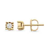 Solid 10K Gold 4mm Square Shaped Pave Round Diamond Stud Earring