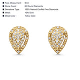 Solid 10K Gold 9mm Halo Teardrop Pear Shaped Round Diamond Stud Earrings