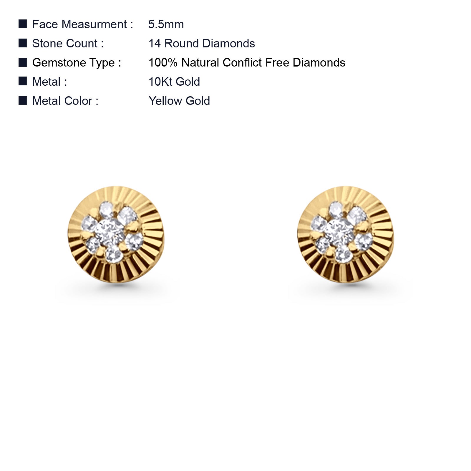Solid 10K Gold 5.5mm Sunflower Round Diamond Stud Earring With Screw Backing