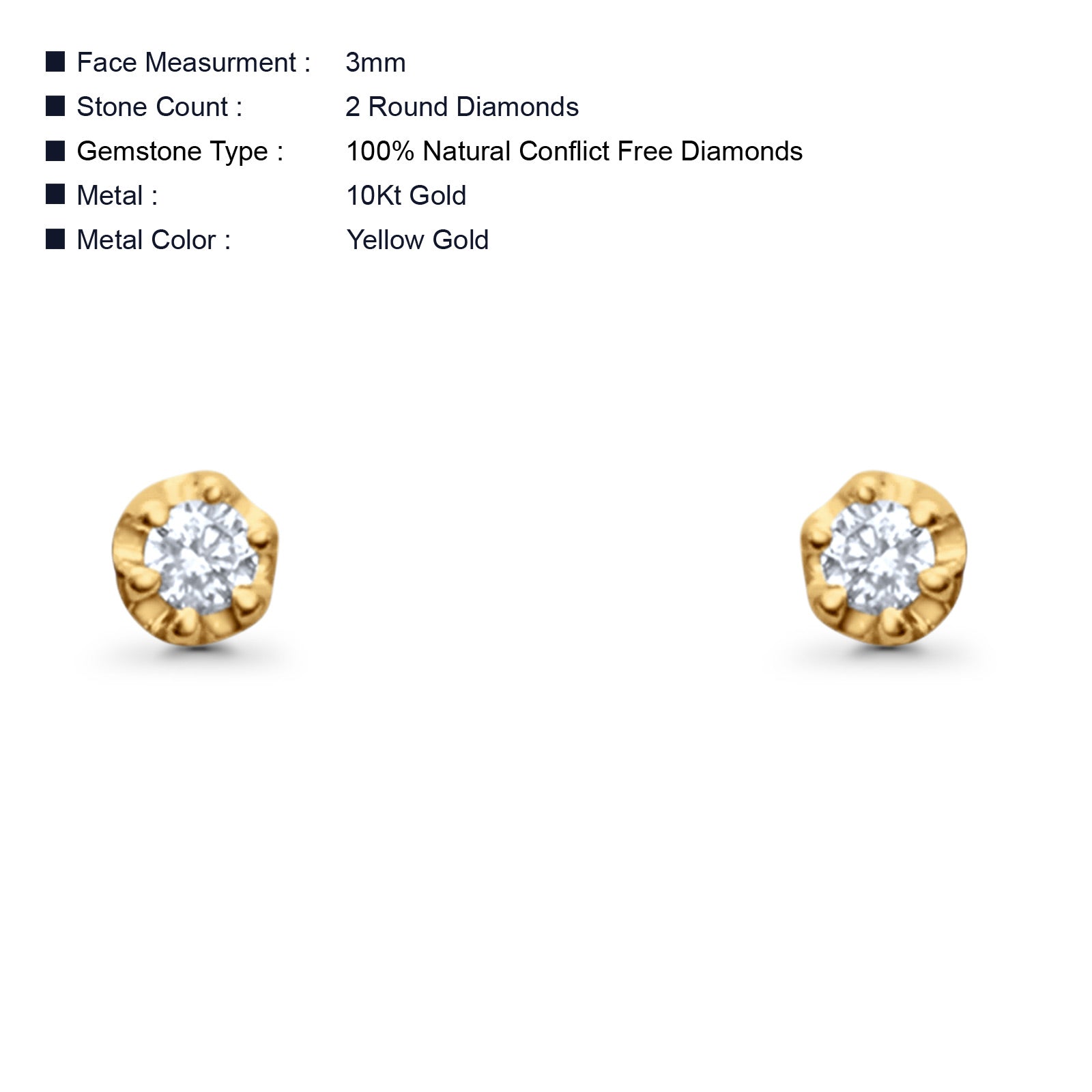 Solid 10K Gold 3mm Solitaire Round Diamond Stud Earring With Screw Backing