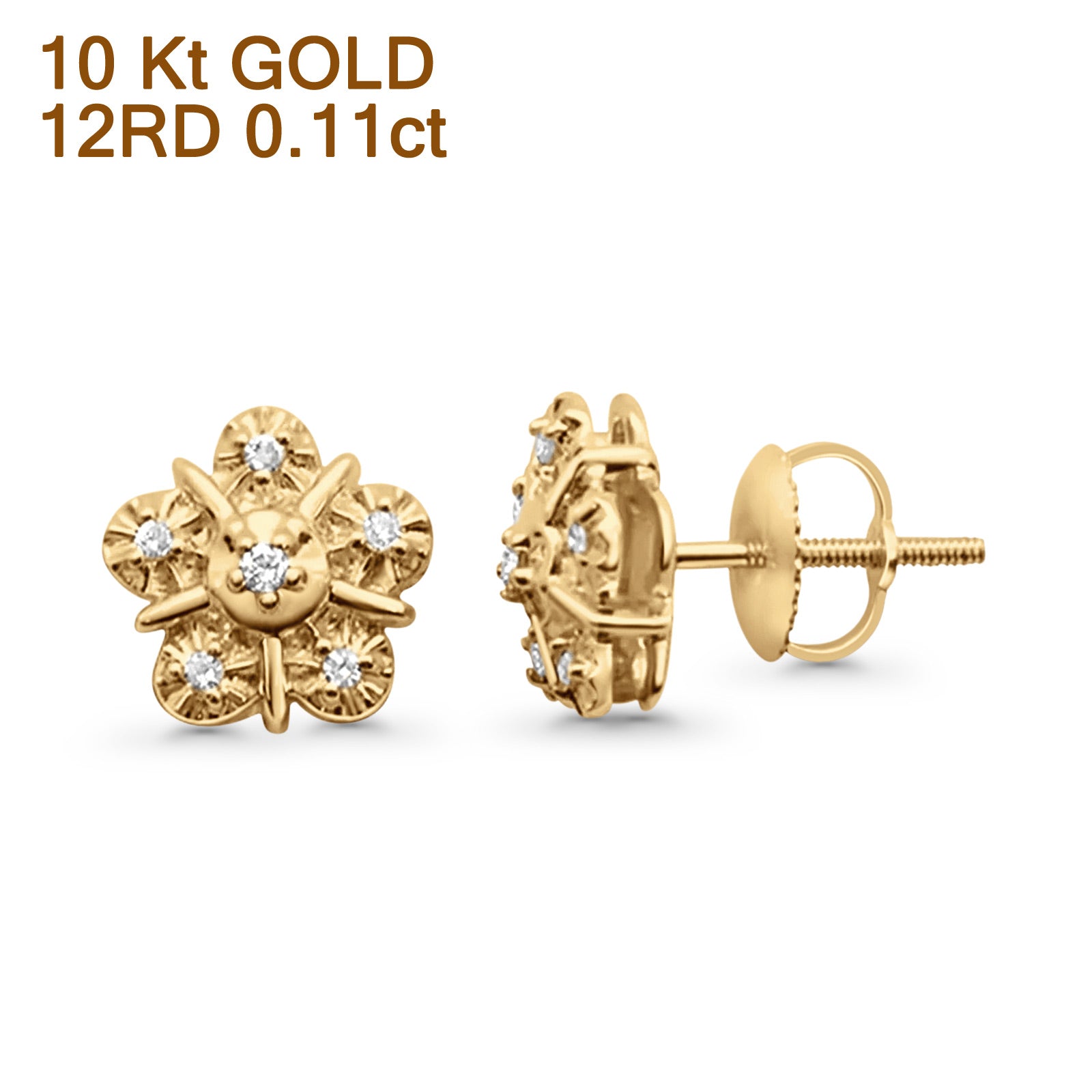 Solid 10K Gold 9mm Flower Design Hip Hop Round Diamond Stud Earring