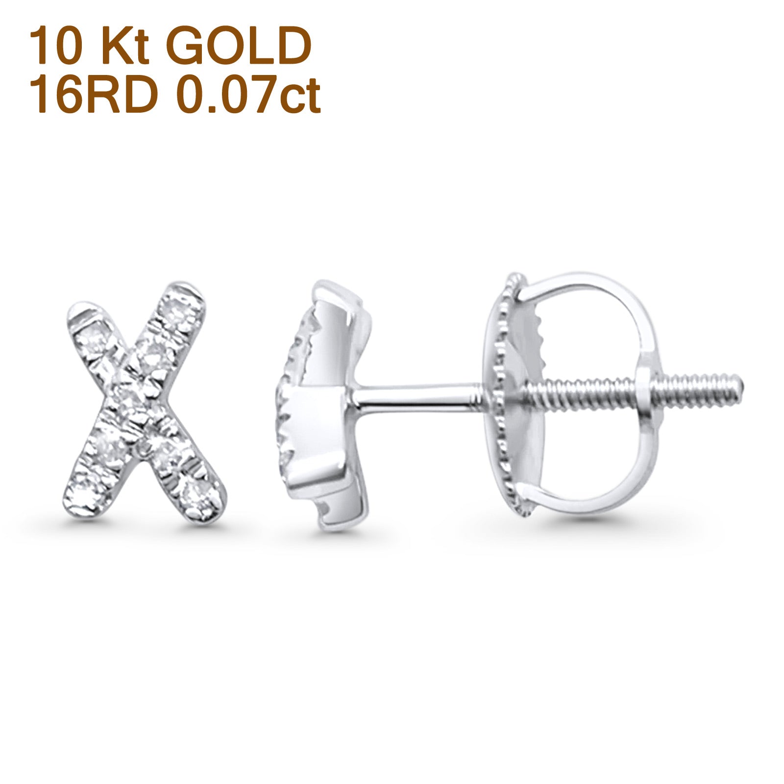 Solid 10K Gold 6.5mm "X" Shaped Crisscross Round Diamond Stud Earrings