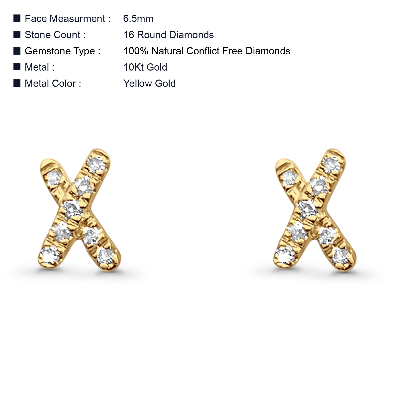 Solid 10K Gold 6.5mm "X" Shaped Crisscross Round Diamond Stud Earrings