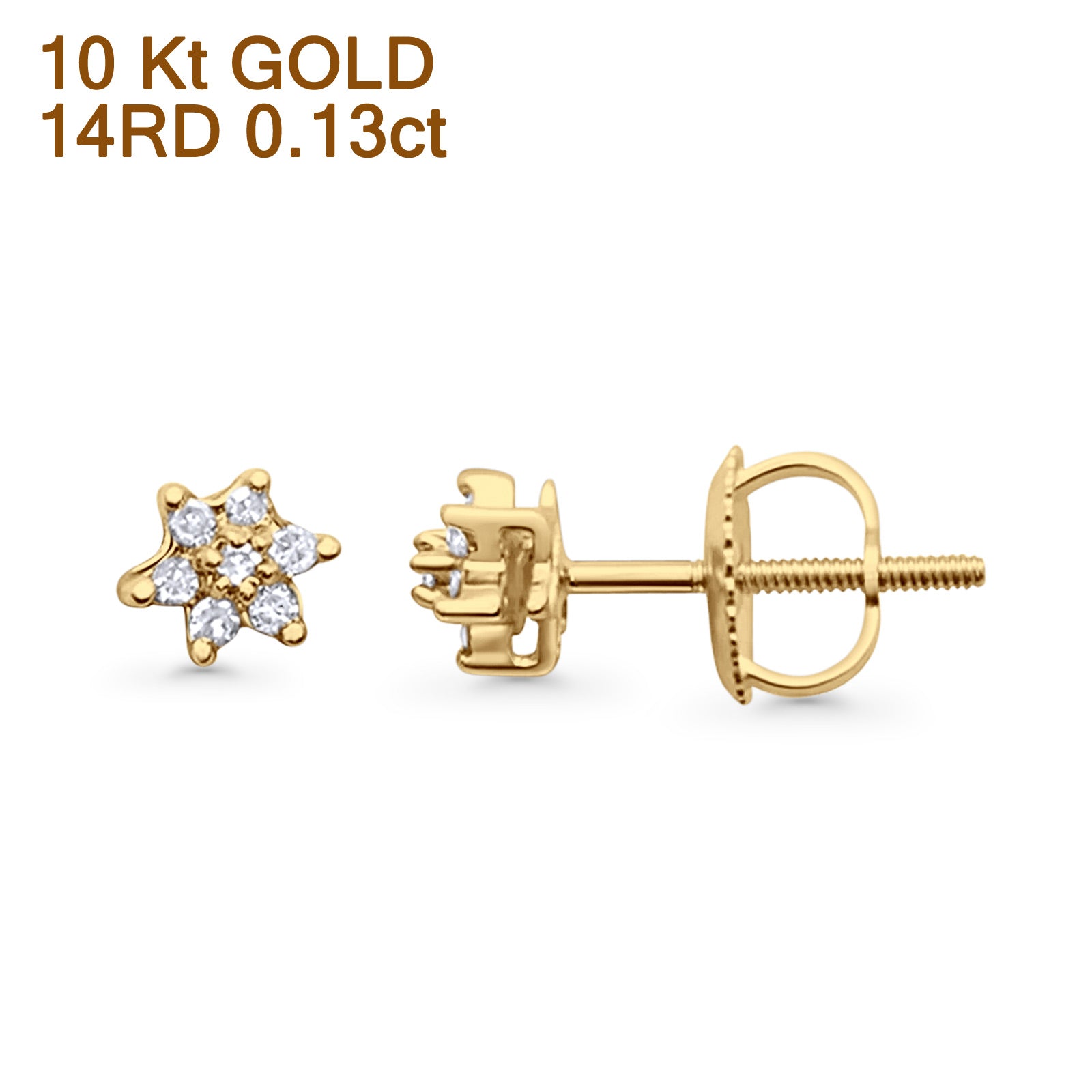 Solid 10K Gold 4mm Flower Round Hip Hop Diamond Stud Earring