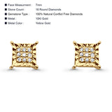 Solid 10K Gold 7mm Square Shaped Round Diamond Stud Minimalist Earring