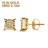 Solid 10K Gold 7mm Square Shaped Round Diamond Stud Minimalist Earring