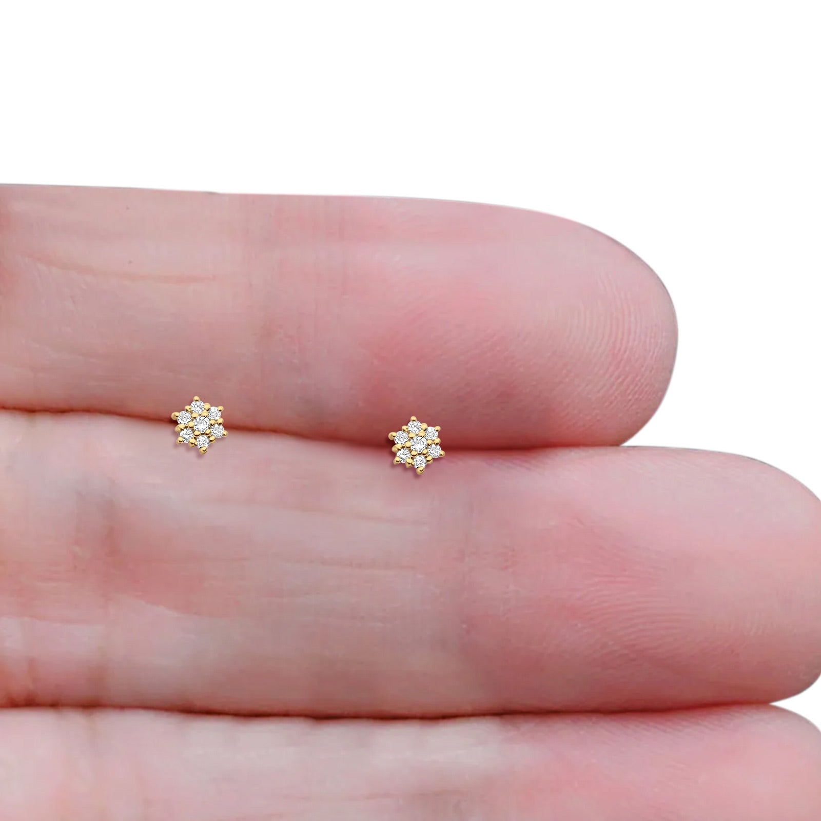 Solid 10K Gold 3mm Flower Shaped Round Diamond Stud Earring