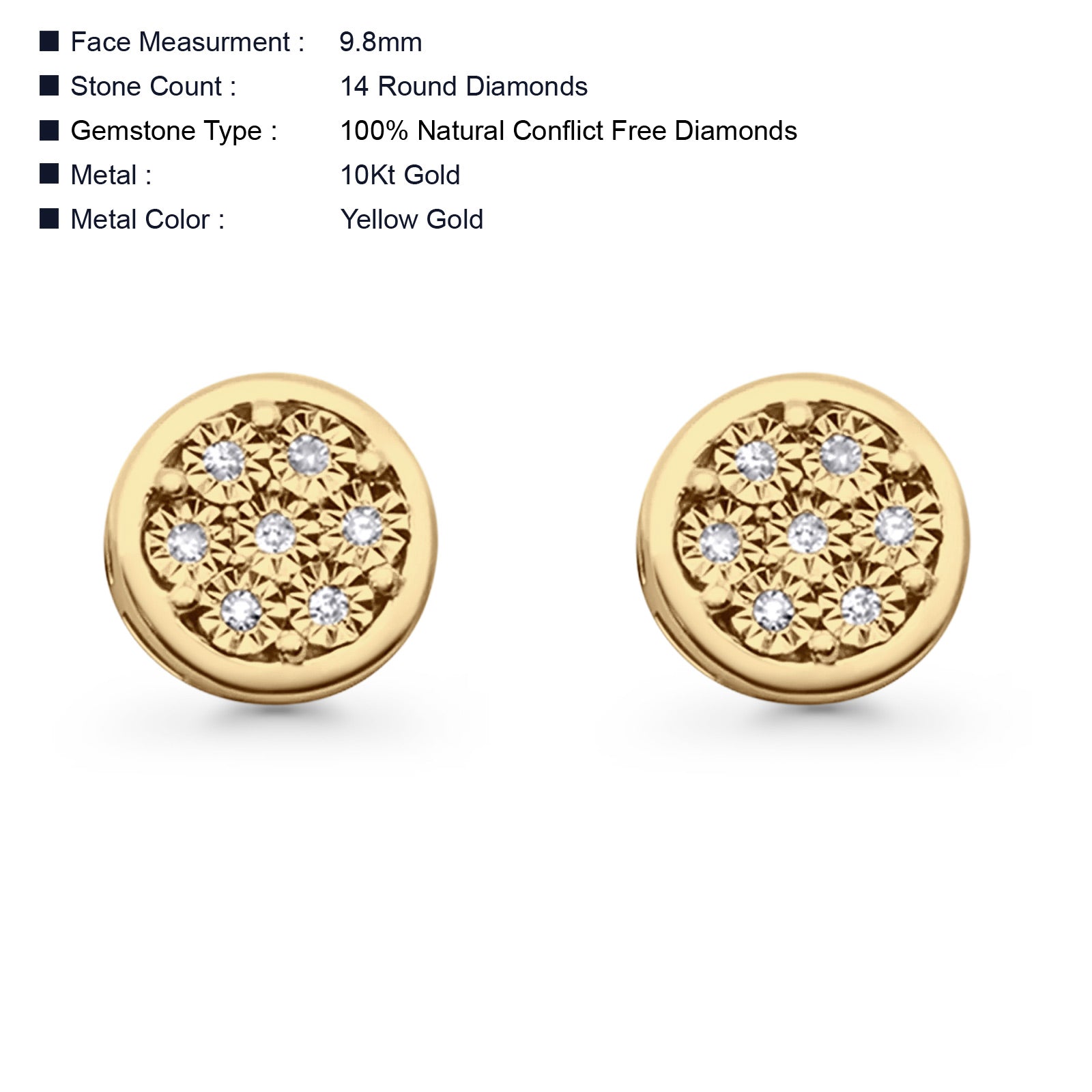 Solid 10K Gold 9.8mm Round Flower Design Pave Setting Diamond Stud Earring