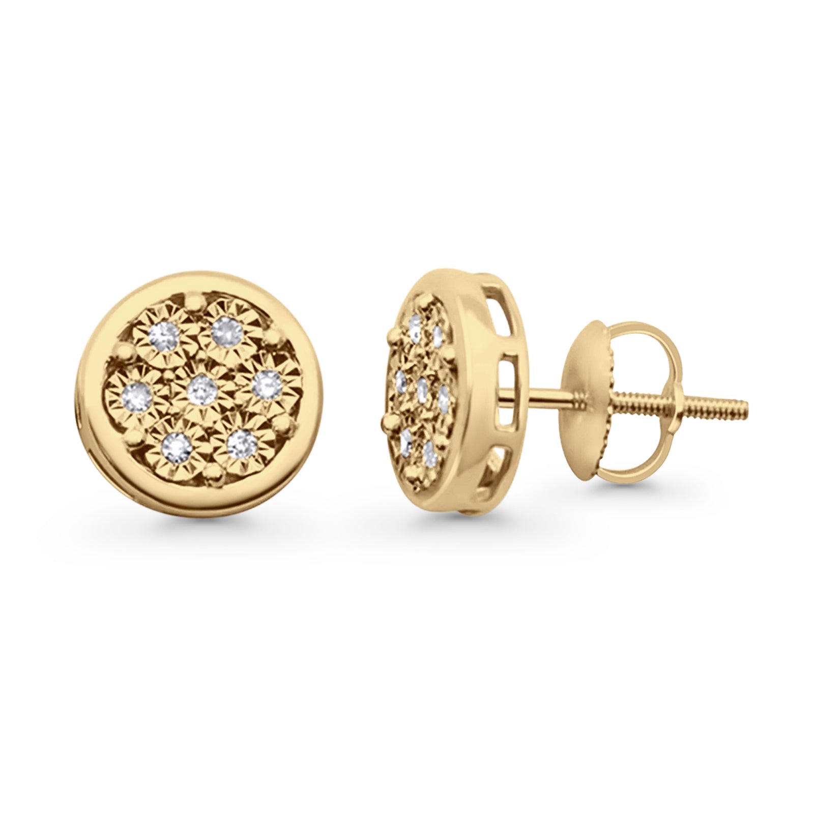 Solid 10K Gold 9.8mm Round Flower Design Pave Setting Diamond Stud Earring