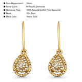 Tropfenförmige, birnenförmige, baumelnde Ohrringe aus massivem 10-karätigem Gold mit Fischhaken-Rückseite und runden Diamanten