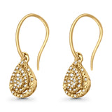 Solid 10K Gold 19mm Teardrop Pear Shaped Fishhook Back Round Diamond Dangling Earrings