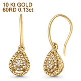 Solid 10K Gold 19mm Teardrop Pear Shaped Fishhook Back Round Diamond Dangling Earrings