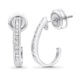 Solid 10K Gold 12.7mm J Shape Round Pave Setting Diamond Hoop Earrings