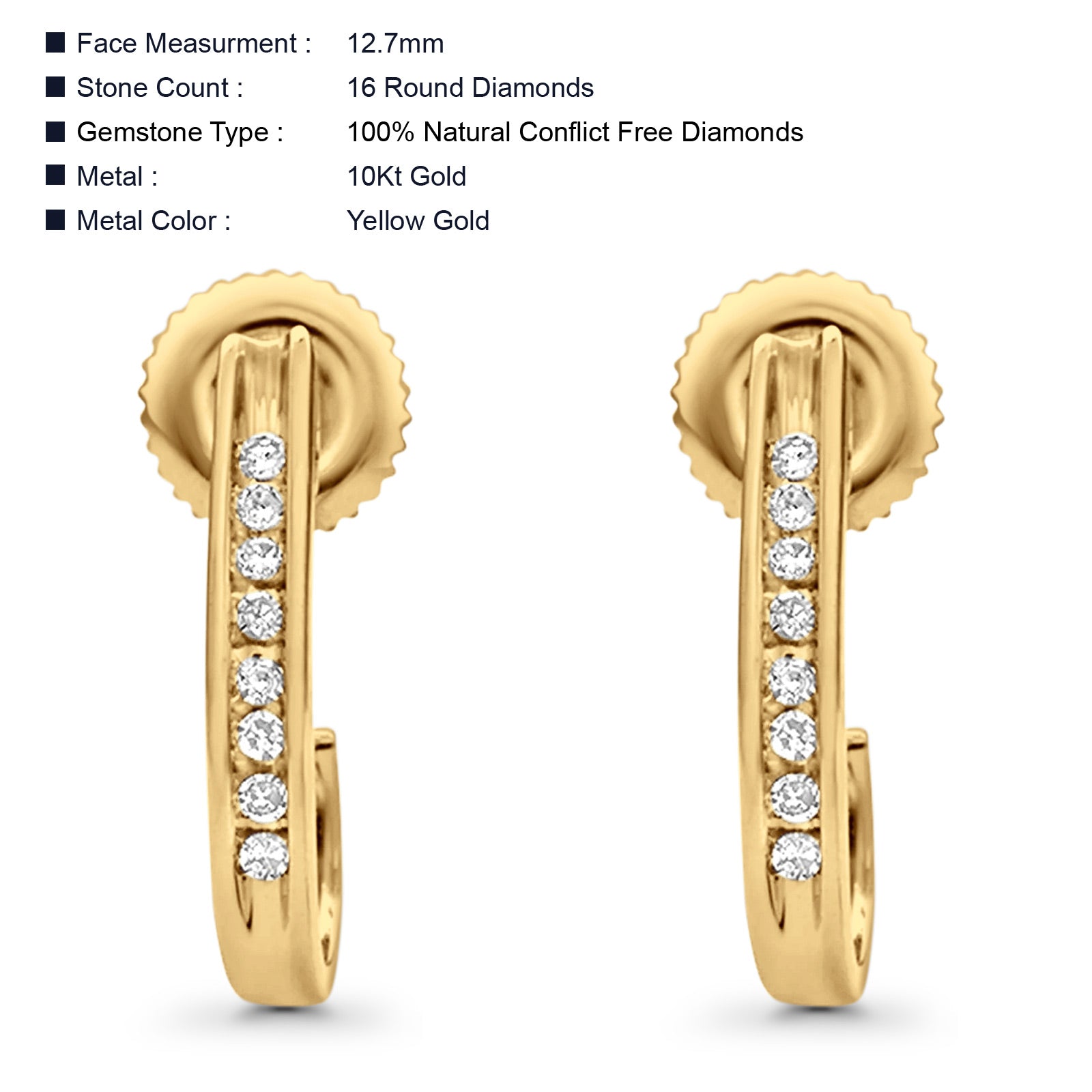 Solid 10K Gold 12.7mm J Shape Round Pave Setting Diamond Hoop Earrings