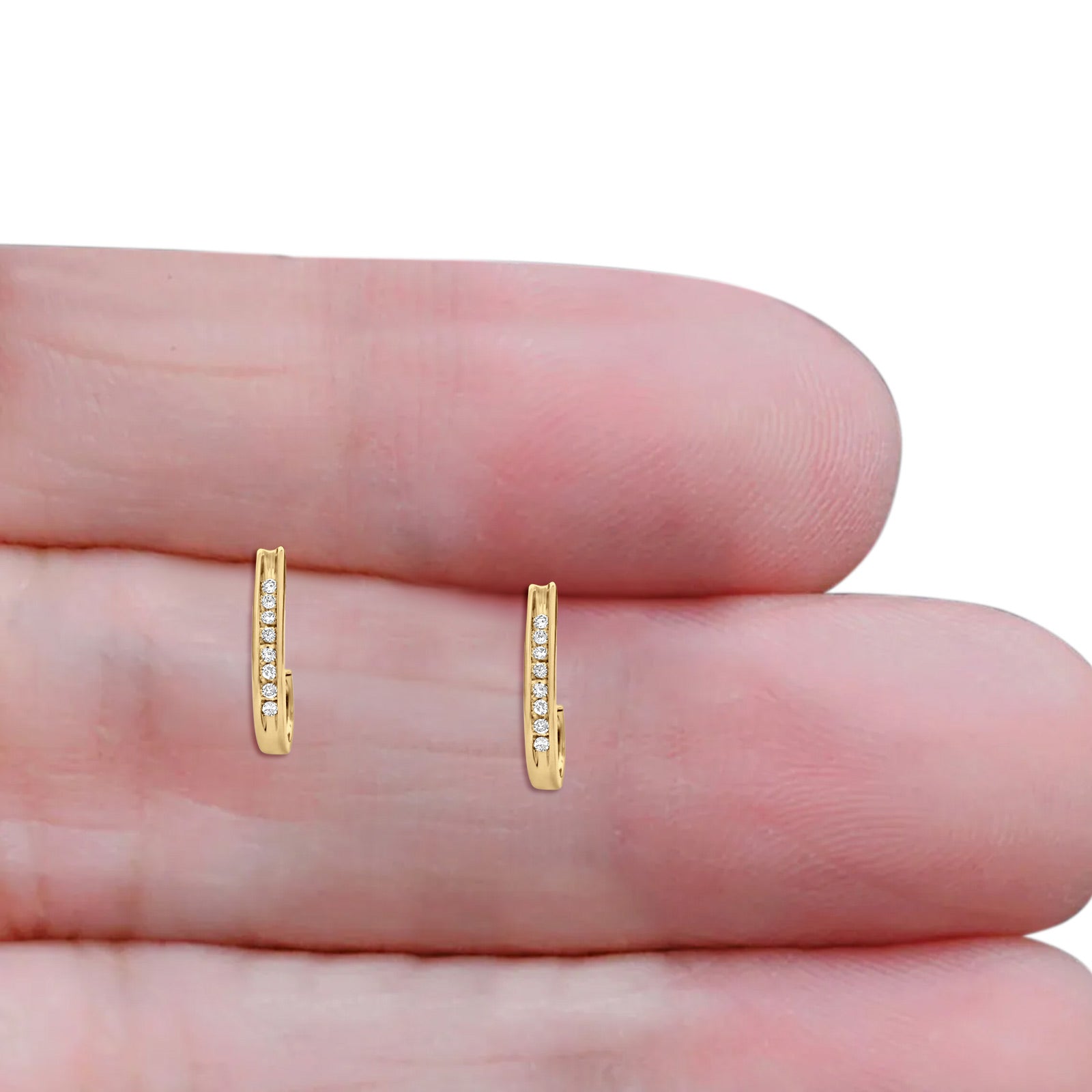 Solid 10K Gold 12.7mm J Shape Round Pave Setting Diamond Hoop Earrings