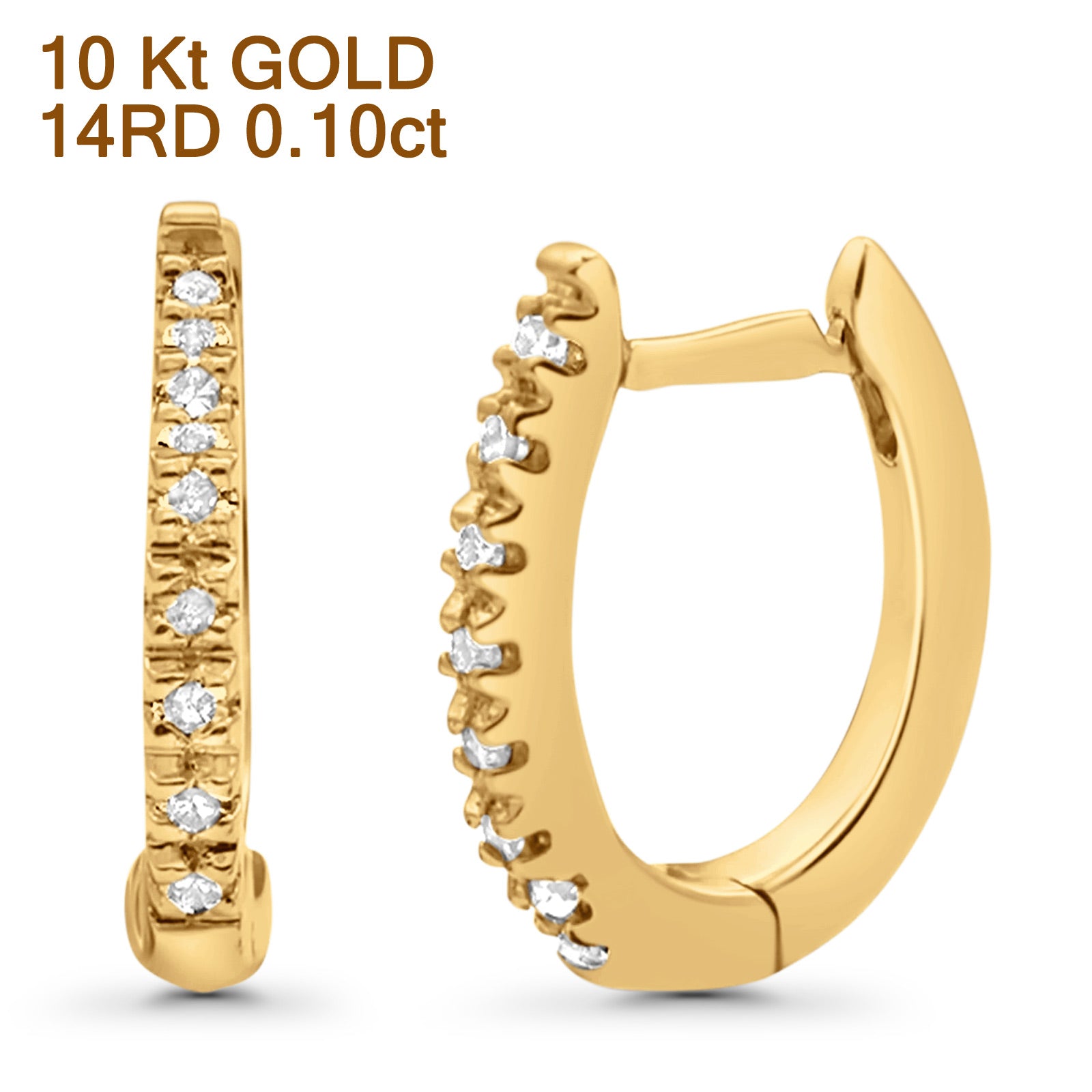 Solid 10K Gold 12.7mm Natural White Round Hinged Diamond Huggie Hoop Earrings