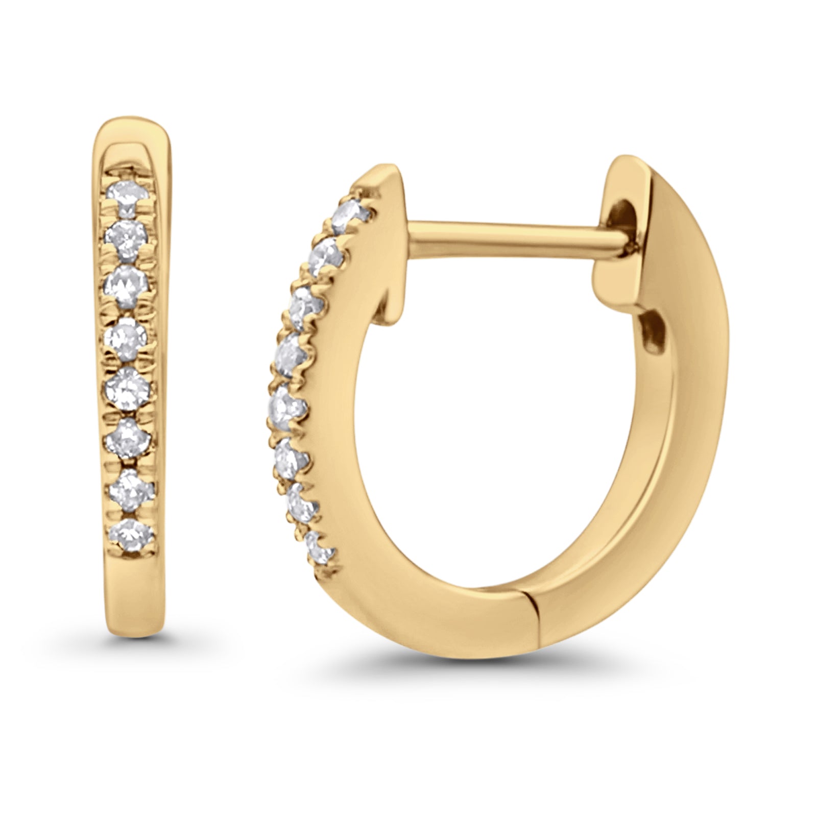 Solid 10K Gold 11.6mm U Shape Round Hinged Diamond Huggie Hoop Earrings