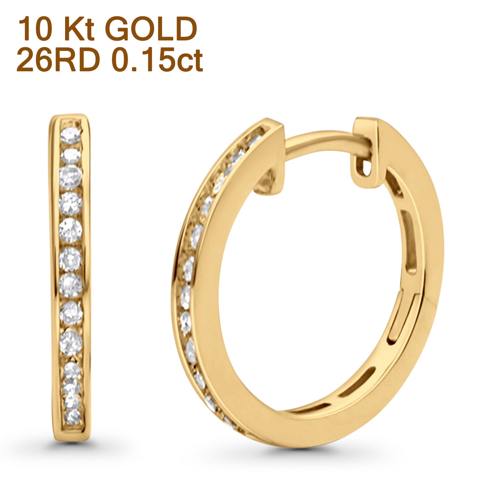 Solid 10K Gold 12.7mm Channel Set Hinged Natural Diamond Huggie Hoop Earrings