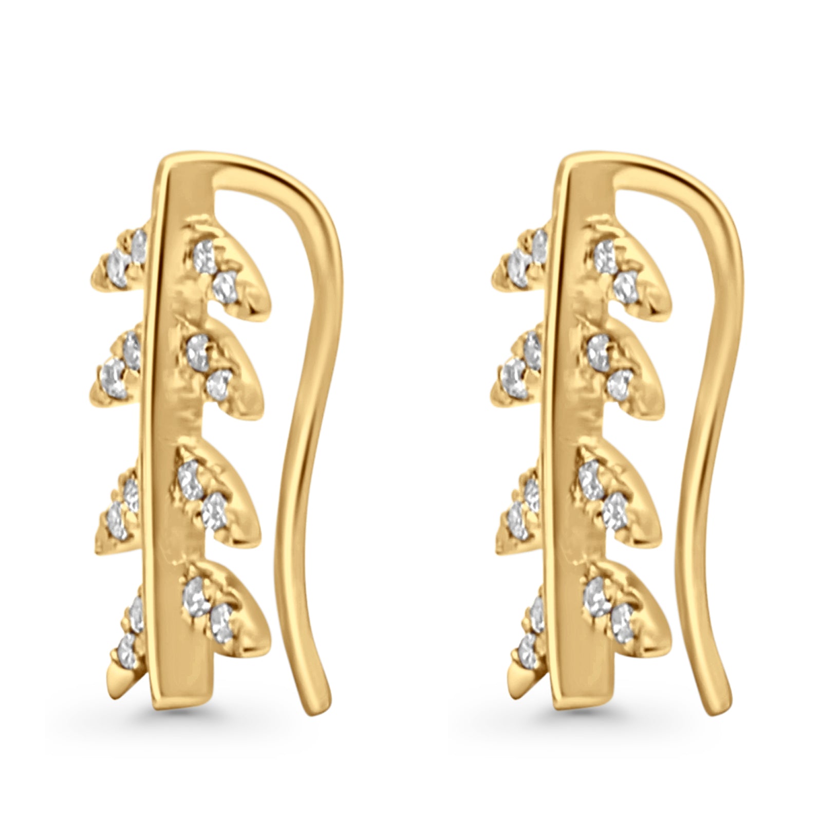 Solid 10K Gold 12.1mm Leaf Crawler Design Diamond Hoop Earrings