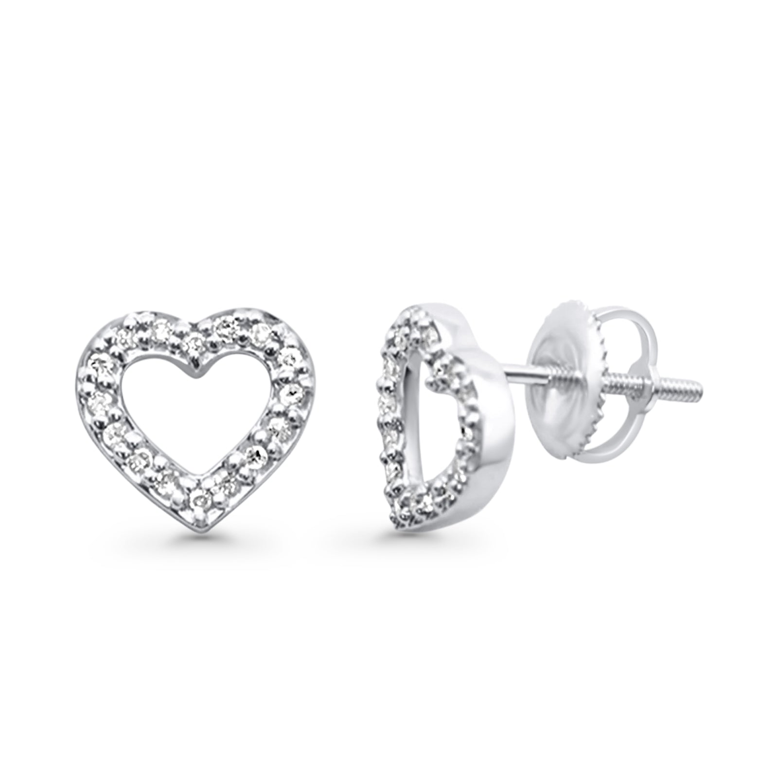Solid 10K Gold 9.5mm Open Heart Natural Round Diamond Stud Earring