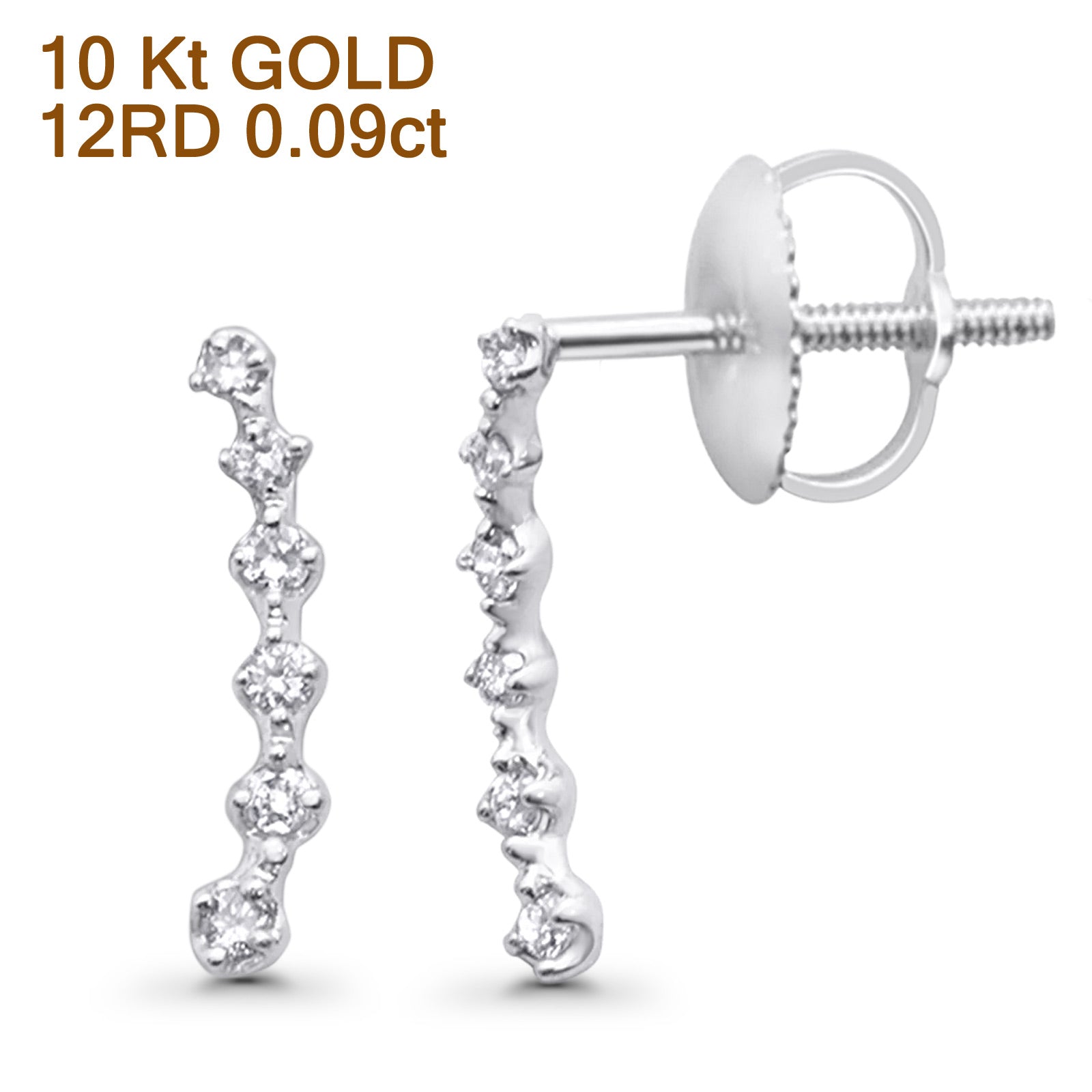 Solid 10K Gold 12.1mm Cascade Crawler Round Diamond Huggie Stud Earring