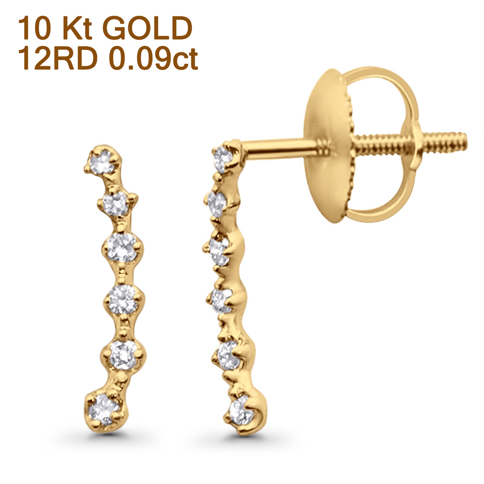 Solid 10K Gold 12.1mm Cascade Crawler Round Diamond Huggie Stud Earring