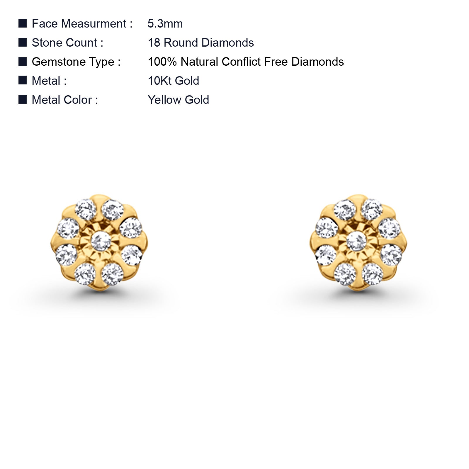 Solid 10K Gold 5.3mm Round Cluster Diamond Stud Earrings