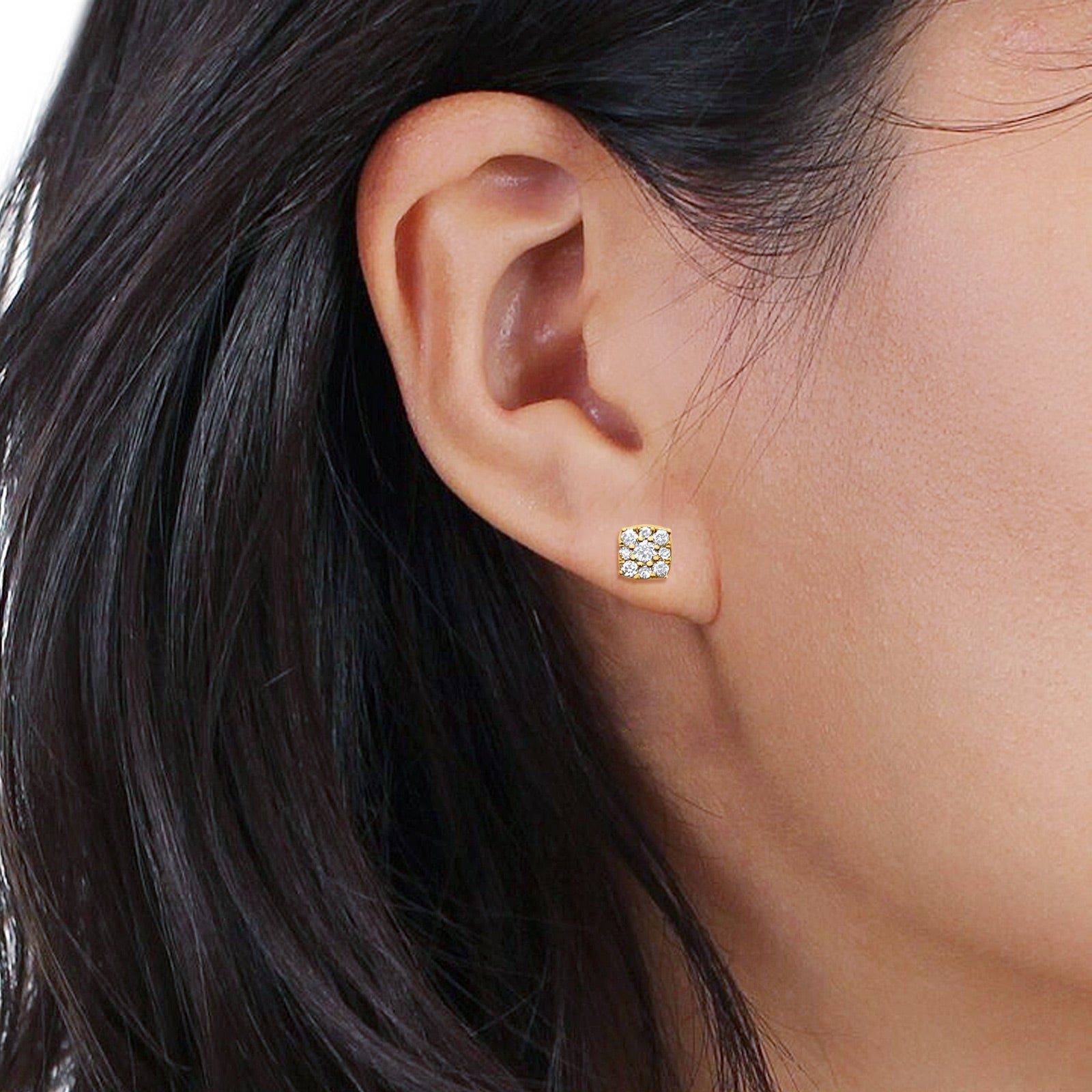 Solid 10K Gold 4.2mm Elegant Round Cluster Square Diamond Stud Earrings
