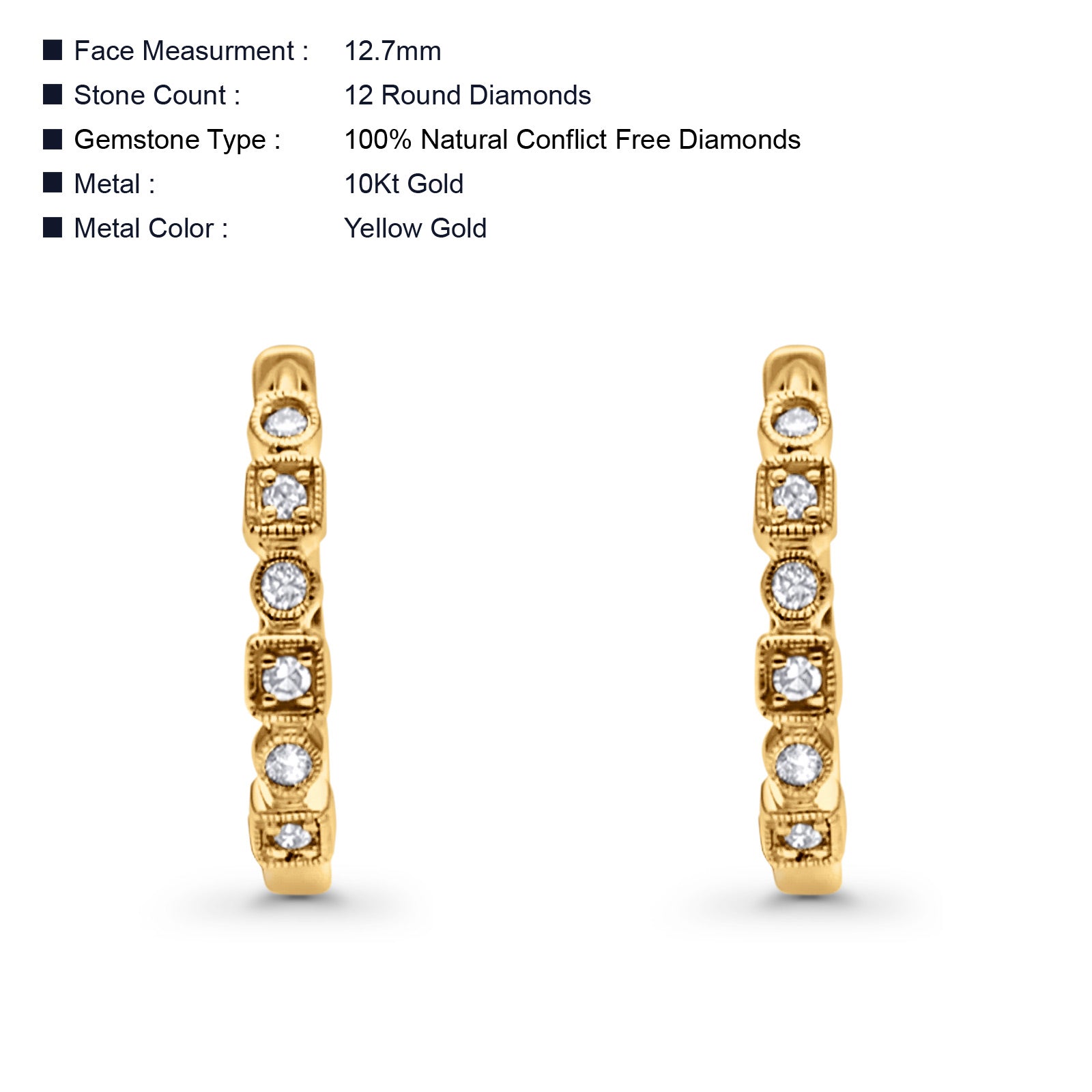 Solid 10K Gold 12.7mm Round Brilliant Hinged Diamond Huggie Hoop Earrings