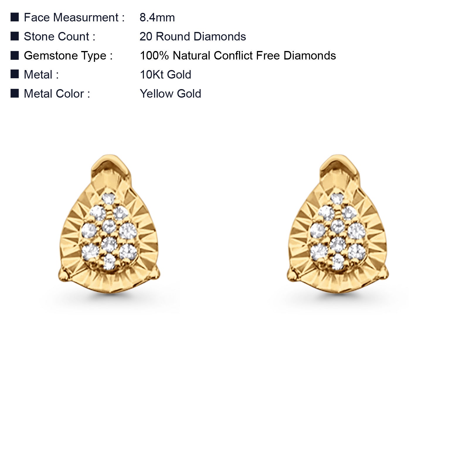 Solid 10K Gold 8.4mm Dazzling Brilliance Pear Teardrop Cluster Diamond Stud Earrings