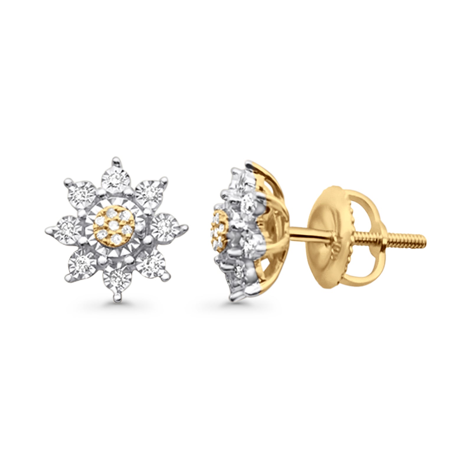 Solid 10K Gold 9mm Enchanting Bloom Flower Round Diamond Stud Earrings