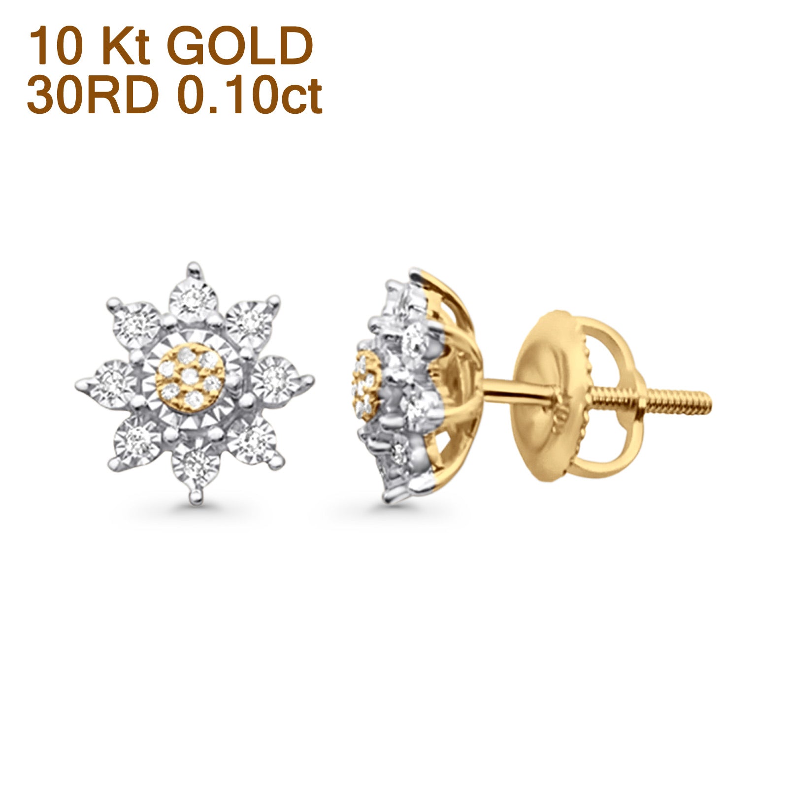 Solid 10K Gold 9mm Enchanting Bloom Flower Round Diamond Stud Earrings