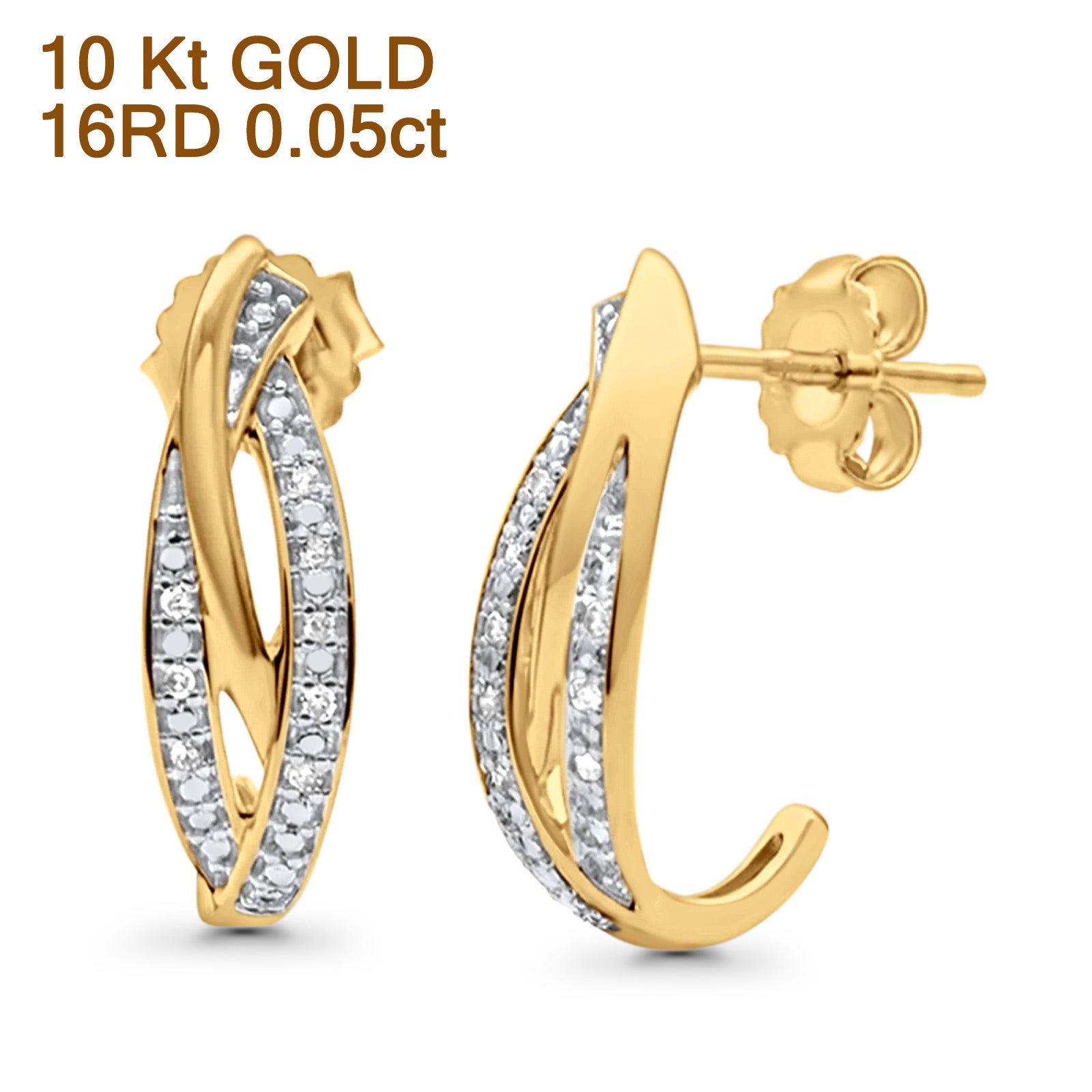 Solid 10K Gold 16mm Crossover J Shaped Round Diamond Drop Hoop Earrings