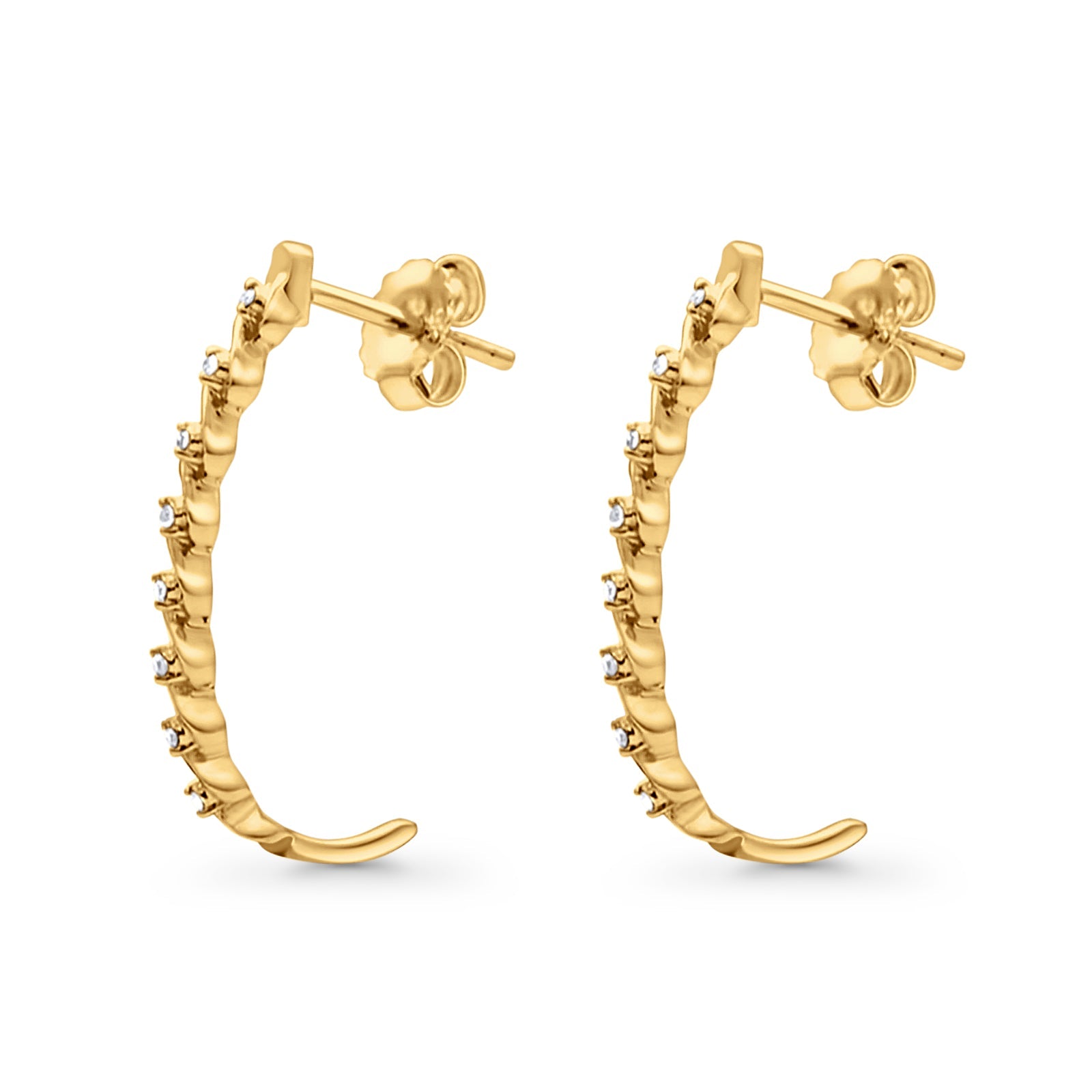 Solid 10K Gold 25.4mm Eternal Elegance J Shaped Spiral Twist Diamond Drop Hoop Earrings