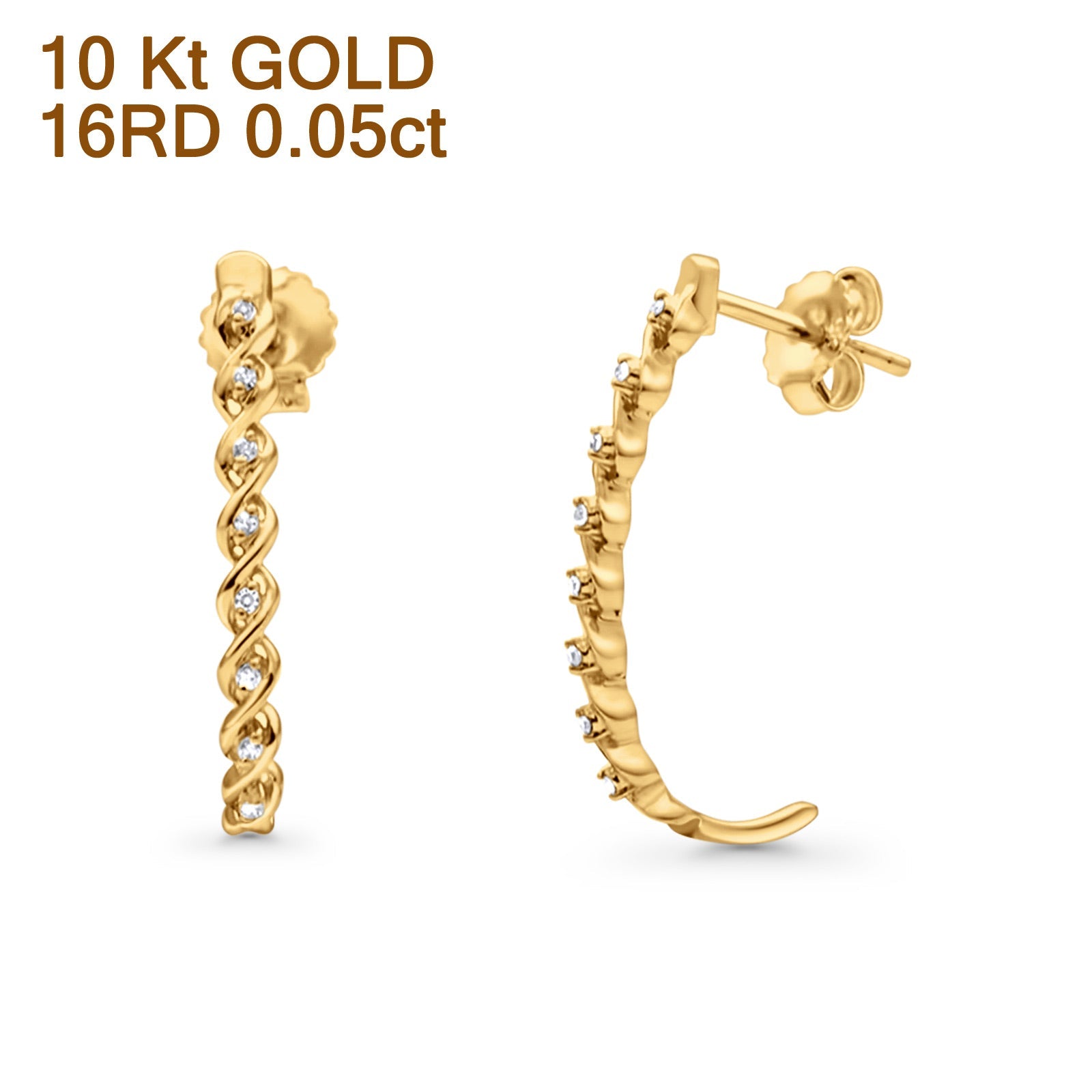 Solid 10K Gold 25.4mm Eternal Elegance J Shaped Spiral Twist Diamond Drop Hoop Earrings