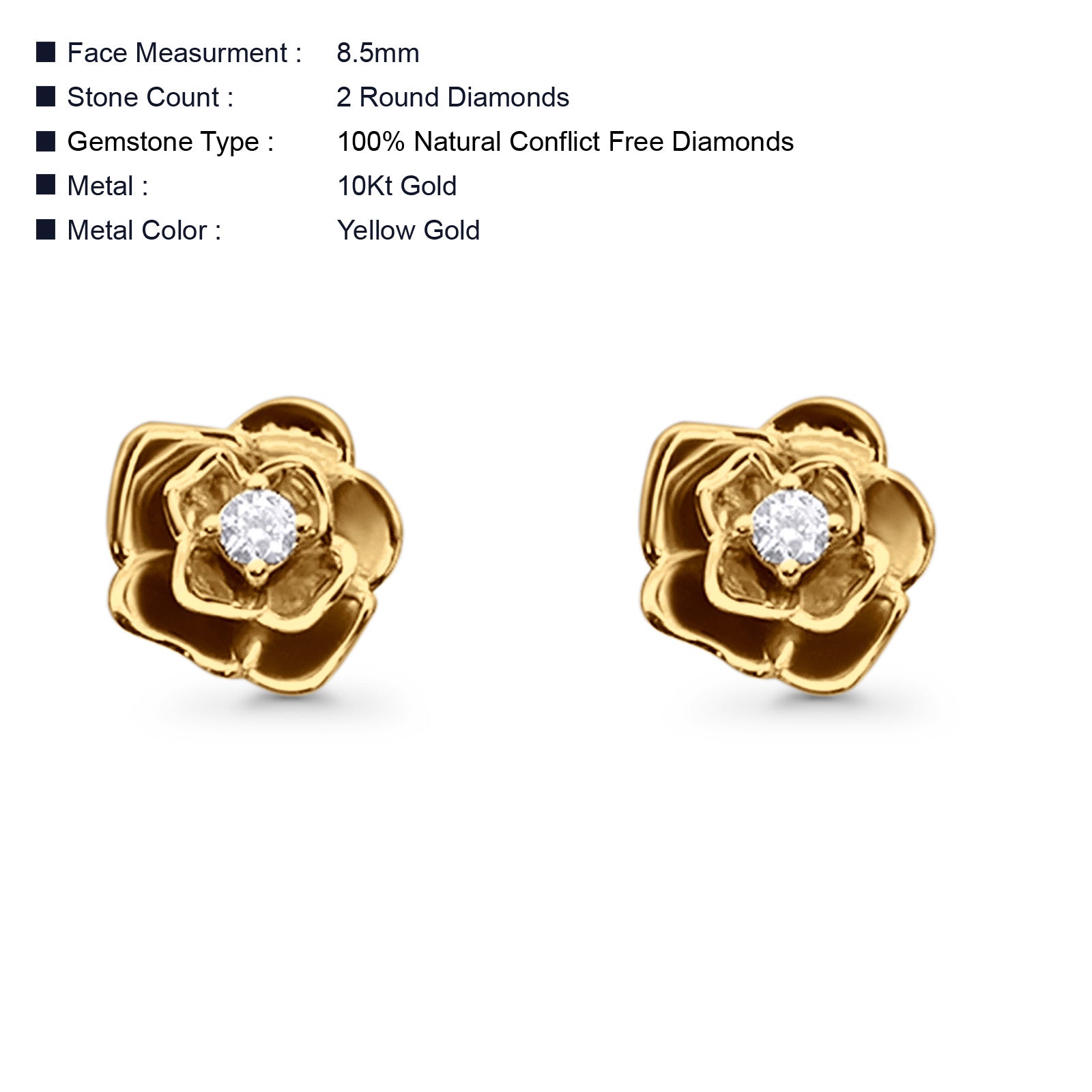Solid 10K Gold 8.5mm Floral Minimalist Diamond Stud Earrings