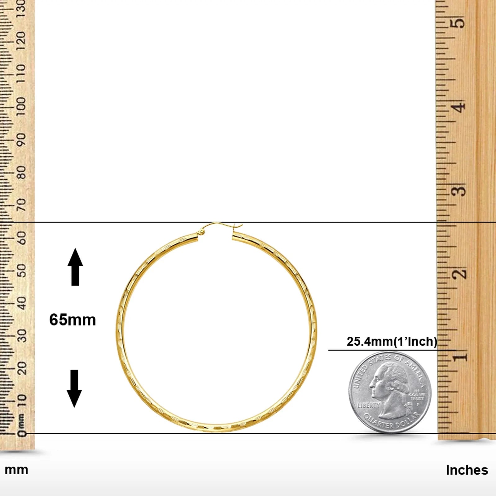 14K Yellow Gold Diamond Cut 3mm Snap Closure Hoop Earrings Hinged 5grams 65mm